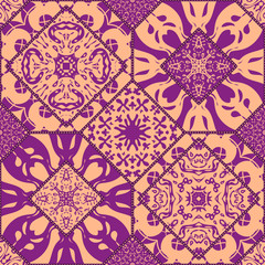 Fototapeta premium Vector abstract seamless patchwork background from pink and purple ornaments. Ornament of various shapes. Textile design, batik paint.