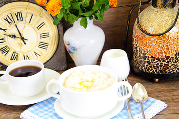 Rice Porridge with Sweet Butter, Jam and Coffee