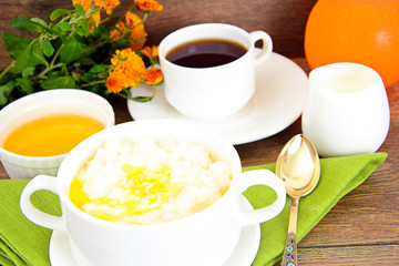 Rice Porridge with Sweet Butter, Jam and Coffee