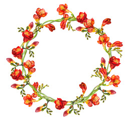 Floral round ring wreath with red freesias flowers and buds 