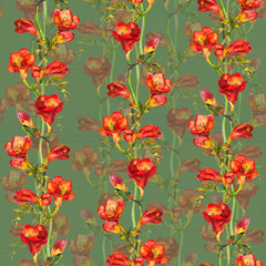 Bright seamless floral pattern with watercolor red freesia flower on paper texture 