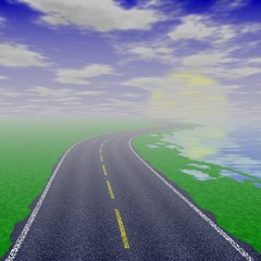 Asphalt road texture,yellow and white line on road.  Open road highway with green grass and blue sky with an asphalt street. Road leading to the sun, the concept of the path to happiness.
