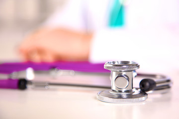 close up medical stethoscope on a white background