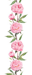 Pink flower - peony. Seamless floral border strip. Watercolor