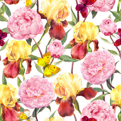Peonies flowers, irises and butterflies. Seamless floral pattern. Water color