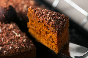 Chocolate truffle carrot cake slice closeup