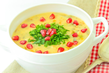 Healthy and Diet Food: Soup of Fish with Pomegranate.