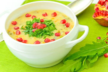 Healthy and Diet Food: Soup of Fish with Pomegranate.
