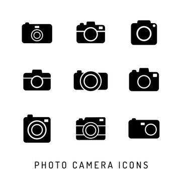 Photo camera silhouettes icon set. Black icons.