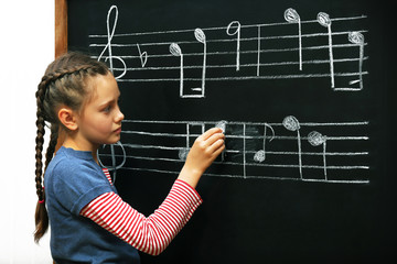 Cute girl writing at the blackboard with musical notes, in the classroom
