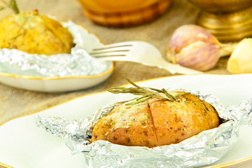 Healthy and Diet Food: Potatoes Roasted with Garlic and Ice Crea
