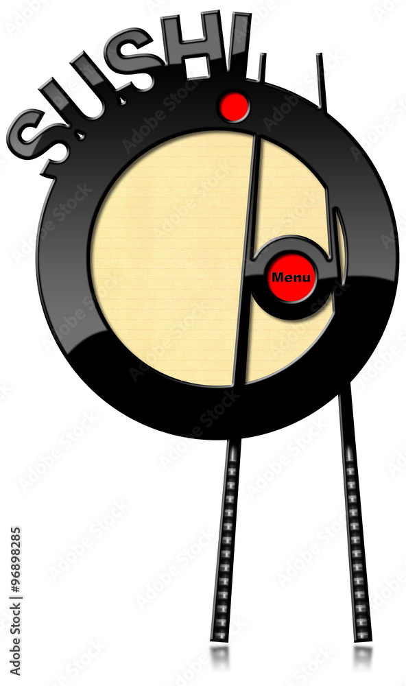 Poster sushi menu - banner with chopsticks / red and black banner with chopsticks and text sushi menu. temp