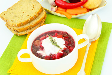 Healthy and Diet Food: Soup with Beetroot and Dumplings.
