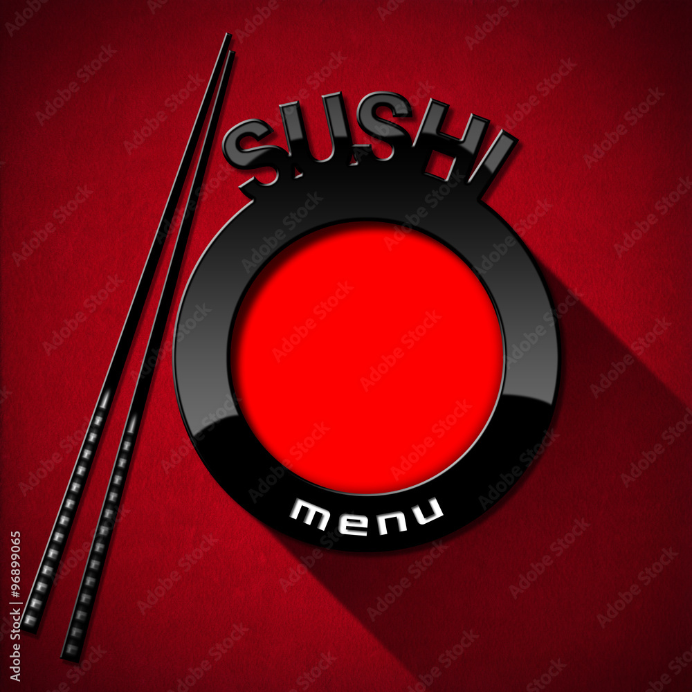Poster sushi menu on red velvet background / red and black plate with chopsticks and text sushi menu. templ