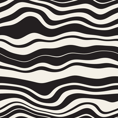 Vector Seamless Black and White  Wavy Parallel Distorted lines Pattern