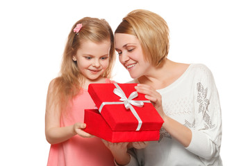 Happy mother and daughter with gift box, isolated on white background