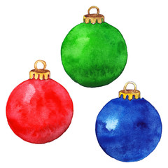 Watercolor red green blue Christmas ball isolated set