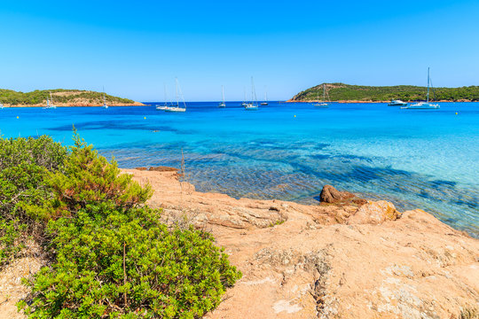 Beautiful coast of Corsica island with azure crystal clear sea water, France