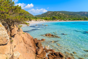 Fototapeta na wymiar Azure crystal clear sea water of Palombaggia beach on Corsica island, France