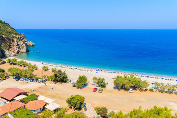A view of Tsambou beach with azure sea water, Samos island, Greece