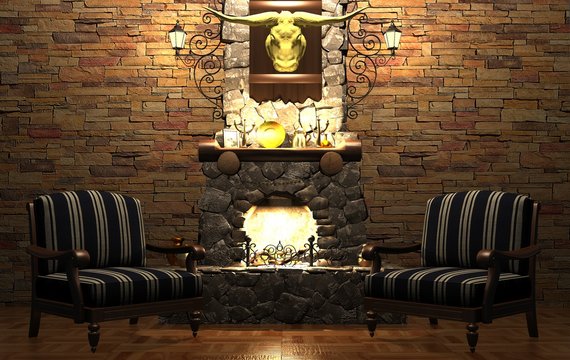 Stone fireplace and chairs