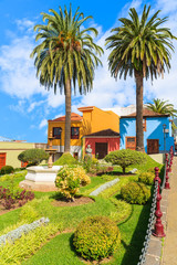 Typical colourful Canarian houses and palm trees in La Orotava town, Tenerife, Canary Islands, Spain