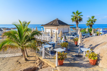 Restaurant building on El Duque beach in Costa Adeje town, Tenerife, Canary Islands, Spain