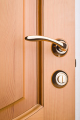 Closeup of a metal handle on wooden door 