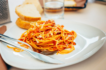 Spaghetti with tomato and bacon
