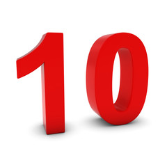 Red 3D Number Ten Isolated on white with shadows