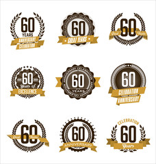 Vector Set of Retro Anniversary Gold Badges 60th Years Celebrating