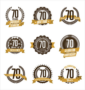 Vector Set of Retro Anniversary Gold Badges 70th Years Celebrating