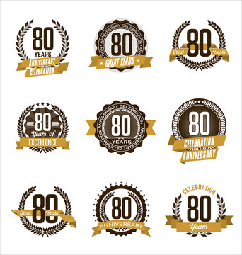 Vector Set of Retro Anniversary Gold Badges 80th Years Celebrating
