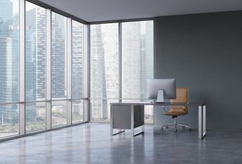 A workplace in a modern corner panoramic office with Singapore view. A black desk with a modern computer and brown leather chair. A concept of consulting services. 3D rendering.