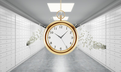 A gold pocket watch on the chain in a room with safe deposit boxes and dollar notes are flying out from one box. A concept of storing of valuables in a safe and secure environment. 3D rendering.