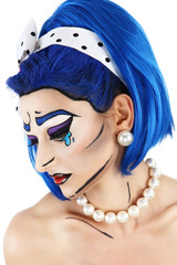 portrait model makeup with blue wig, on white background, pop co