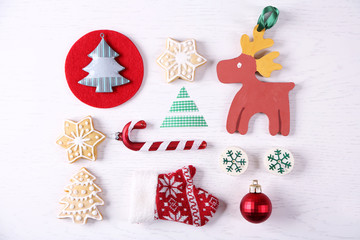 Christmas decoration collection on wooden table top view