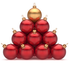 Pyramid christmas ball red leader golden on top first place winner New Year's Eve baubles group decoration. Compare leadership hierarchy success Happy Merry Xmas wintertime business concept. 3d render