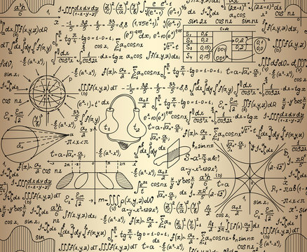 Scientific vector seamless pattern with physical and mathematical drawings, task solutions, plots, designs, formulas, "handwritten on the old paper"
