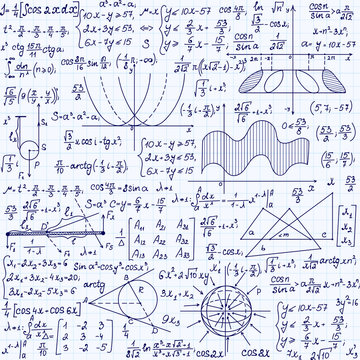 Mathematical vector seamless pattern with formulas, plots, task solutions, "handwritten on a copybook paper"