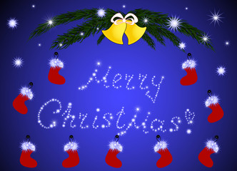 Merry Christmas and Happy New Year greeting card with fir branches, golden bells and gift socks