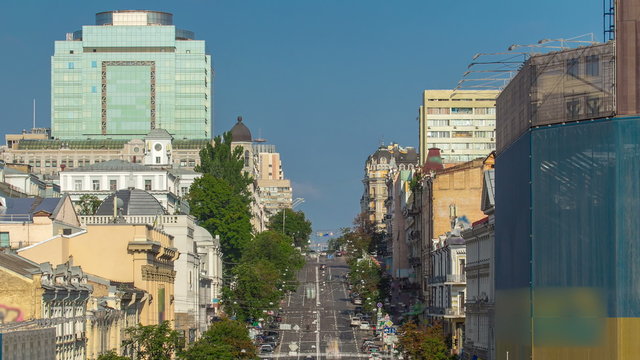 Cars roar down Khreshchatyk and Khmelnitsky street timelapse in Kyiv, Ukraine
