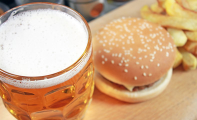 Hamburger, fries and beer.