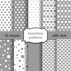 Set of classic grey seamless patterns with dots