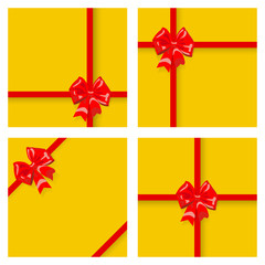 Set of gift boxes, tied with ribbons and bows. Top view. Flat design