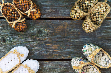 Old Russian bast shoes on wooden boards