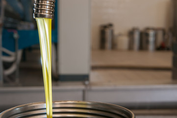 Finished olive oil running from a steel tap into a metal tank in an oil mill