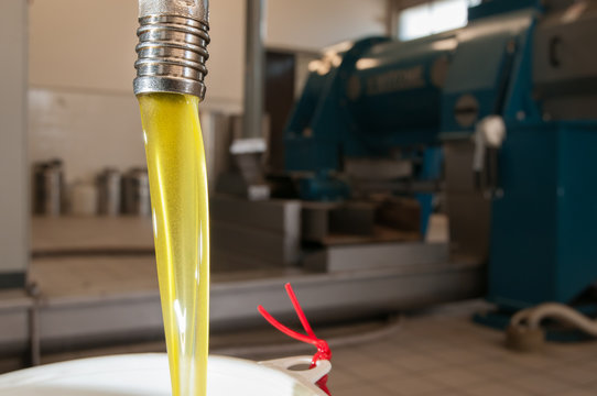 Finished olive oil running from a steel tap into a funnel inside an oil mill