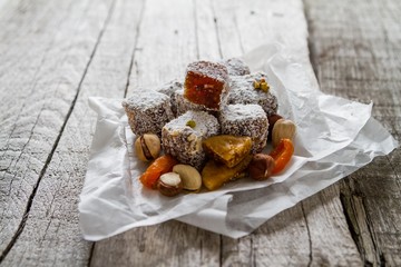 Traditional turkish sweet lukum served with tea