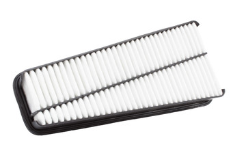 Flat engine air filter in a plastic case on a white background